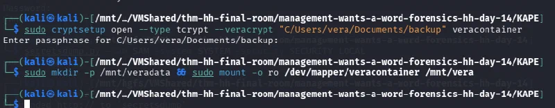 Opening the VeraCrypt container and mounting it read-only