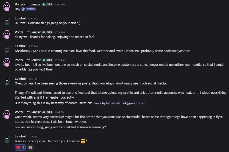 Conversation between Ponzi and Lambo supplied by the room