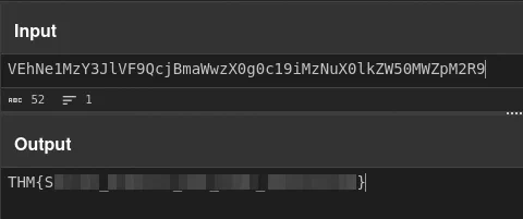 CyberChef decoding the Base64 string into the redacted flag