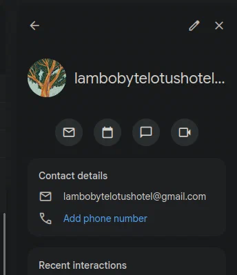 Google contact card for Lambo’s email address