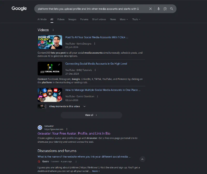 Google search for a profile platform beginning with G