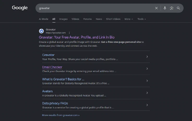 Google search result for Gravatar