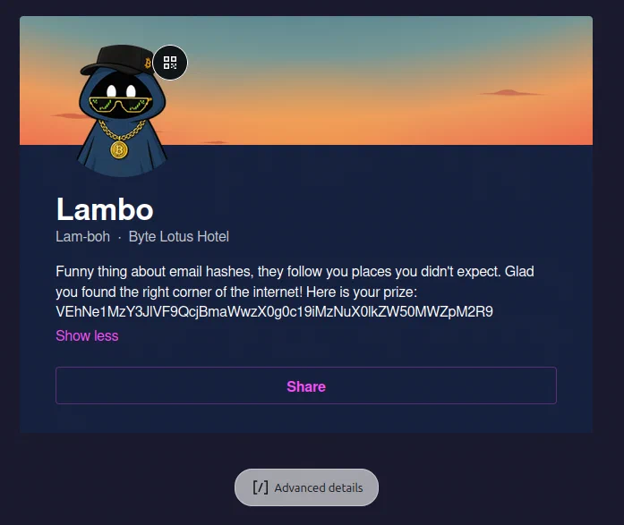 Lambo&rsquo;s Gravatar profile containing a Base64 string