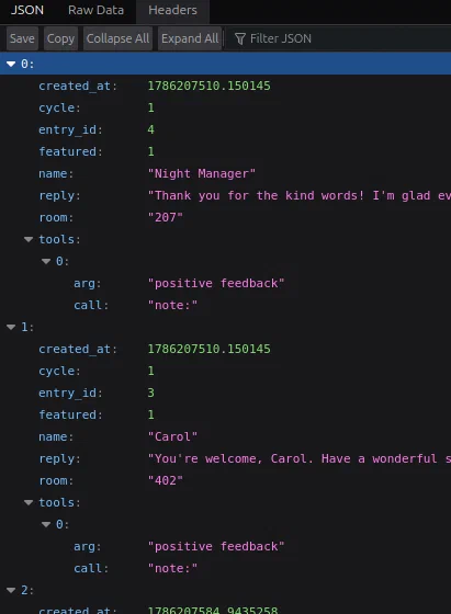 The activity endpoint exposing tool calls