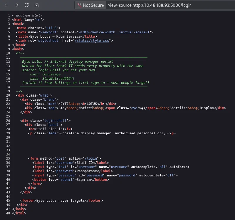 Login page source revealing the staff credentials