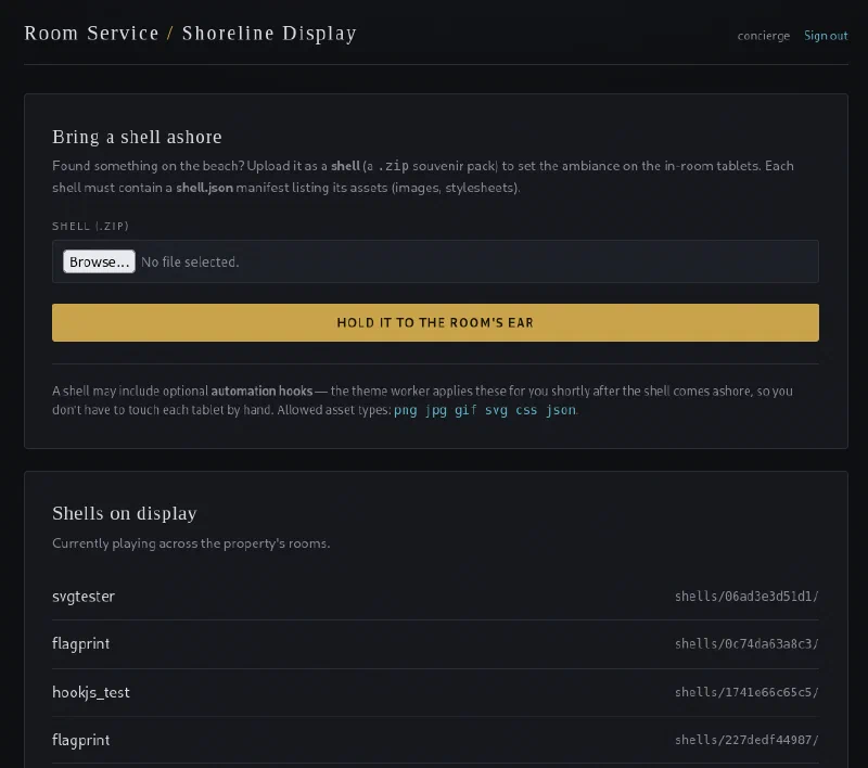 Authenticated shell upload page showing the archive requirements
