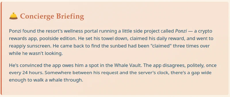 Concierge briefing hinting at a timing flaw in the reward mechanism
