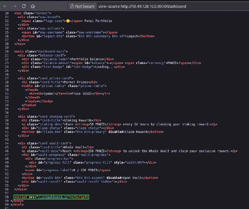 Dashboard source containing a reference to dashboard.js