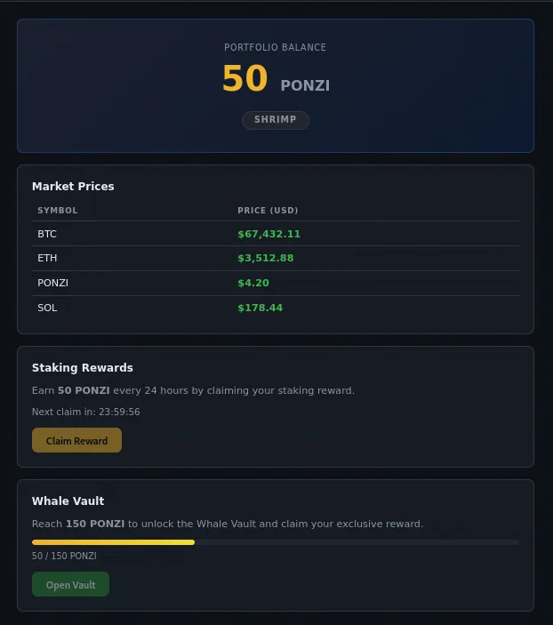 Dashboard after claiming the first 50 PONZI reward