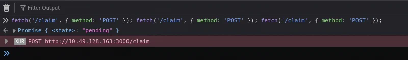Three claim requests launched from the browser console without awaiting them