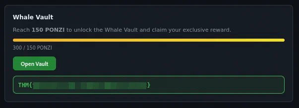 Whale Vault displaying the masked TryHackMe flag