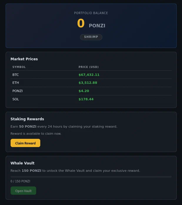 New account dashboard with no PONZI and a locked Whale Vault