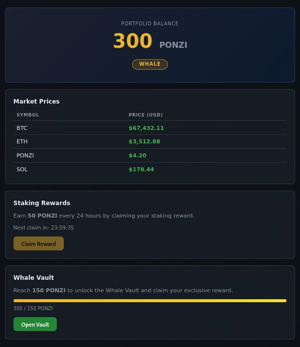 Dashboard showing 300 PONZI, Whale status, and an unlocked vault