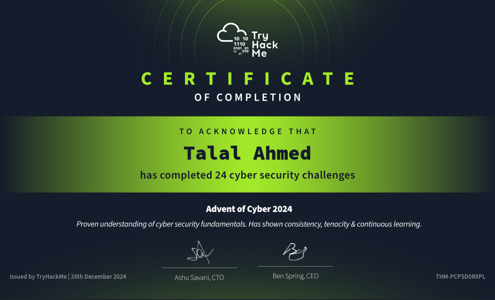 Advent of Cyber 2024 certificate preview