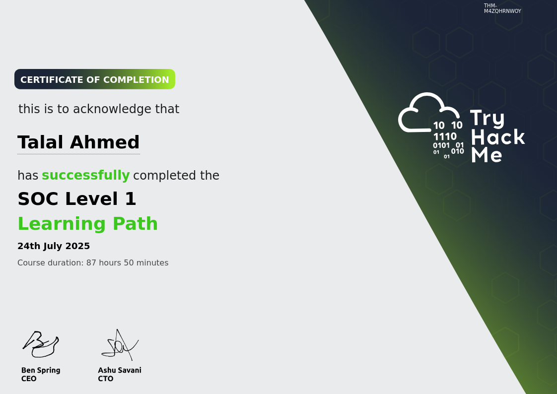 SOC Level 1 certificate preview