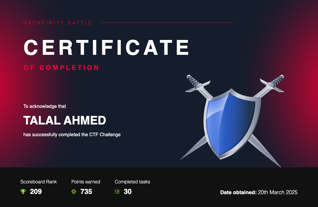 Hackfinity Battle certificate preview
